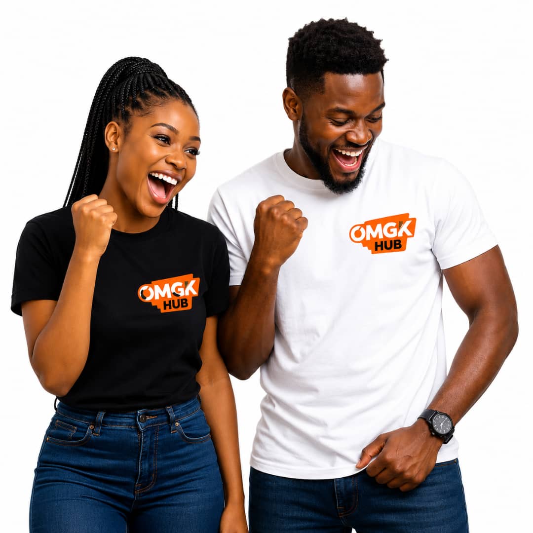 Two OMGKHUB team members wearing branded OMGKHUB t-shirts